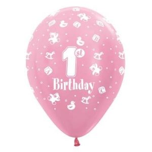 1st Birthday Girl Pearl Pink Printed Latex Balloon -0