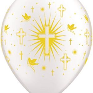 Cross & Doves 28cm Pearl White with Gold Printed Balloon -0